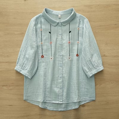 甜美花朵刺繡棉麻襯衫 夏季雙層棉紗圓領開衫 中袖寬鬆上衣 文青森女系 氣質通勤 百搭襯衫 n2650273