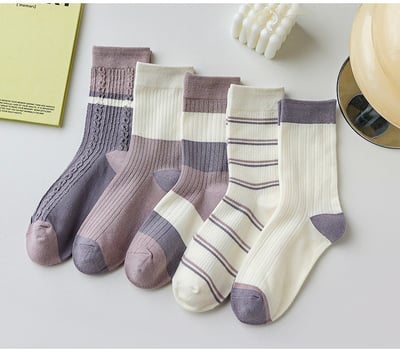 紫色系中筒襪日系拼色條紋 221
