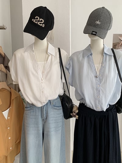 MISSRSHOP 韓系翻領假兩件短袖襯衫 女寬鬆顯瘦拼接上衣 百搭氣質襯衫 韓系休閒短袖上衣 n2650232