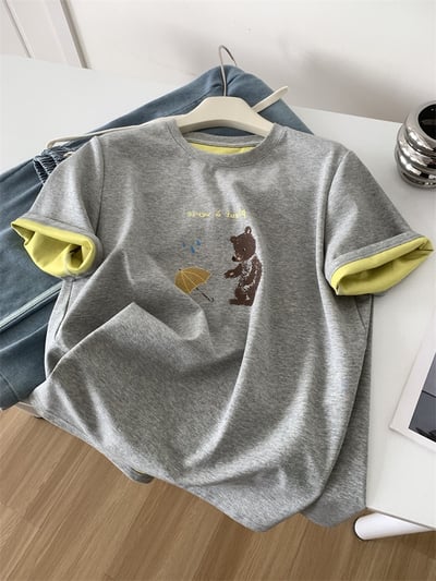 韓系復古小熊印花短袖T恤 女寬鬆圓領百搭 夏季新款 打底上衣 休閒 時尚 可愛 潮流 百搭 n600122