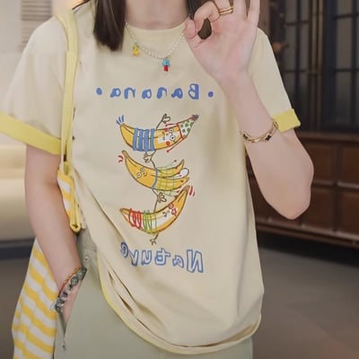 春夏可愛香蕉插畫 撞色滾邊 短袖T恤 韓系日系 純棉透氣 寬鬆顯瘦 韓感 食物系上衣 n600112