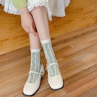小眾文藝復古碎花中筒襪 薄款透氣卷邊花藤堆堆襪   n1153
