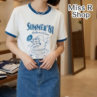 氣質寬鬆拼色印花卡通 純棉短袖T恤  7351