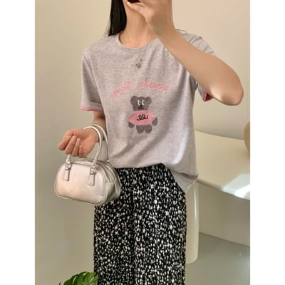 春夏刺繡粉衣熊 撞色內裏 短袖T恤 韓系日系 純棉透氣 寬鬆顯瘦 正韓感 萌系插畫 ins百搭 n600109