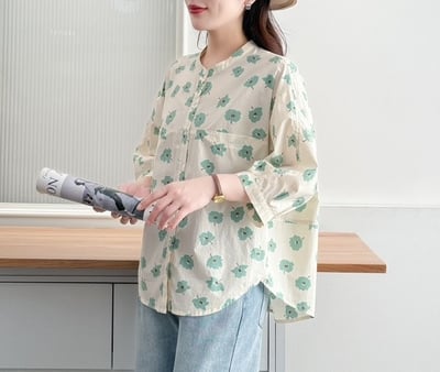 日系碎花襯衫 寬鬆顯瘦 棉麻感上衣 小清新文藝風 七分袖襯衣 春夏薄款開衫外套 森系 n600756