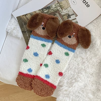 (厚襪) 可愛臘腸狗 毛茸茸加厚睡眠襪 居家地板襪 n1105