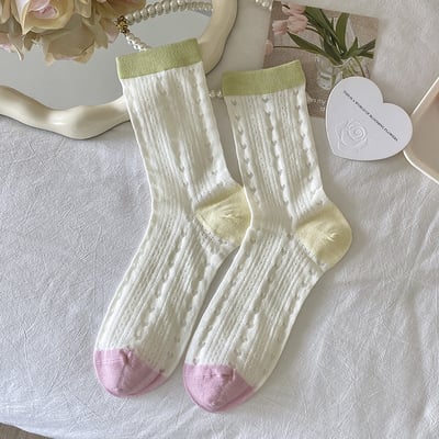 夏季薄款網眼襪 木耳邊波點愛心中筒襪 透氣荷葉邊襪子  504
