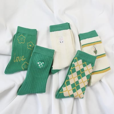 綠色系刺繡 中高筒女襪 ins潮襪運動百搭 244