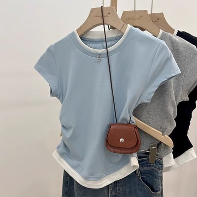 圓領假兩件短袖抽褶收腰T恤 7431