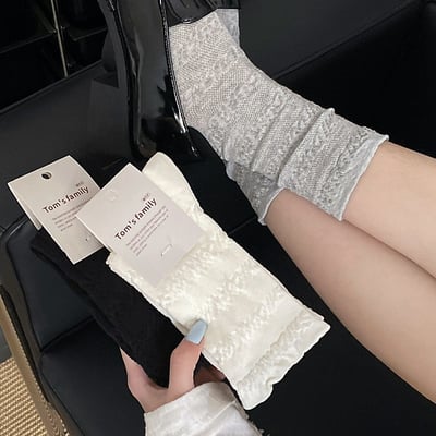 純色無骨褶皺 法式百搭中筒襪 網眼薄韓系蛋糕襪   n1165