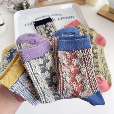 復古風襪子 中筒襪棉襪 立體彩花女襪    814