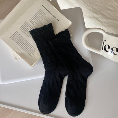 純色無骨褶皺 法式百搭中筒襪 網眼薄韓系蛋糕襪   n11610