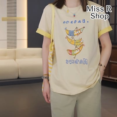 春夏可愛香蕉插畫 撞色滾邊 短袖T恤 韓系日系 純棉透氣 寬鬆顯瘦 韓感 食物系上衣 n600111