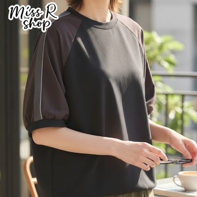 日本進口 短袖T恤 女 寬鬆顯瘦 泡泡袖 拼接上衣 休閒百搭 n601033