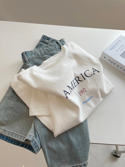 美式復古 AMERICA 字母 短袖T恤 韓系日系 純棉透氣 寬鬆顯瘦 韓感 簡約百搭 n600096
