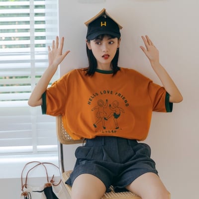 撞色印花 純棉短袖T恤 日系學院風寬鬆休閒上衣  7402