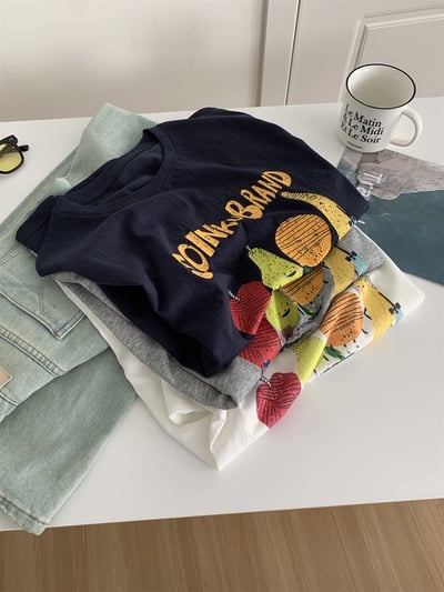 夏日韓系水果印花 慵懶垂感圓領短袖上衣   7362