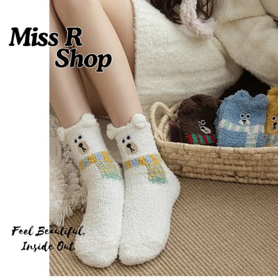 (厚襪) 刺繡圍巾小熊襪 珊瑚絨地板襪 睡眠加厚襪 n1091