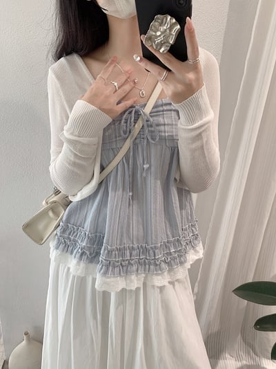 復古條紋吊帶背心 女生蕾絲荷葉邊上衣 抽繩細肩帶背心 森系文藝風 顯瘦甜美 夏季穿搭 n2650048