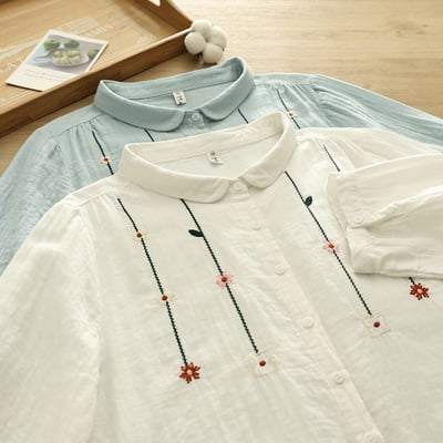甜美花朵刺繡棉麻襯衫 夏季雙層棉紗圓領開衫 中袖寬鬆上衣 文青森女系 氣質通勤 百搭襯衫 n2650278