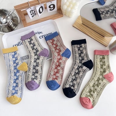 復古風襪子 中筒襪棉襪 立體彩花女襪    812