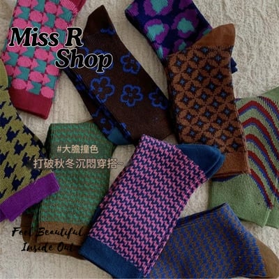 千鳥格幾何條紋中筒襪 美拉德小眾設計堆堆襪   n1231