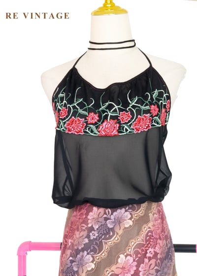 紅花黑紗東方韻味繞頸背心1