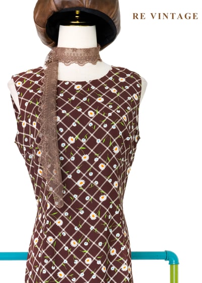 昭和少女的野餐棕色花卉菱格長洋裝6