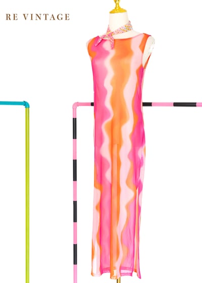『歐洲寶貝』Fuchsia- Orange Wavy 透膚長洋裝1