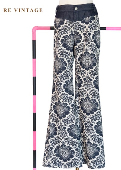 深藍白花復古花紋喇叭褲1