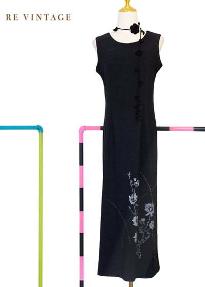 氣質單品 - 灰黑色銀白花枝長洋裝1