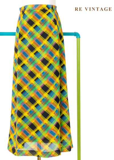 明亮黃綠黑三色交錯斜紋格紋高腰長裙（26"）1