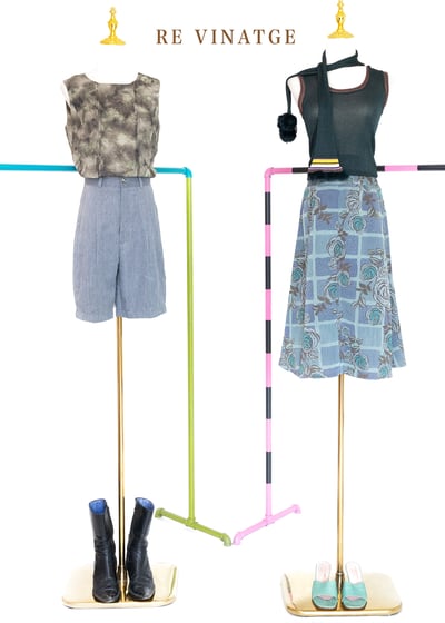 玫瑰藤蔓霧面藍綠色格紋棉質中長裙（~26）2