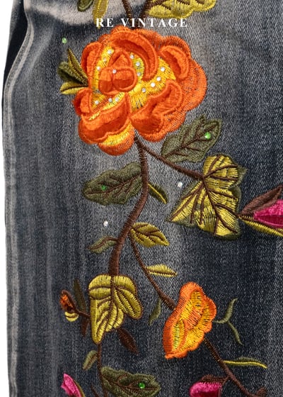 南法花跡 - 暖橘刺繡刷色丹寧裙（26"）6