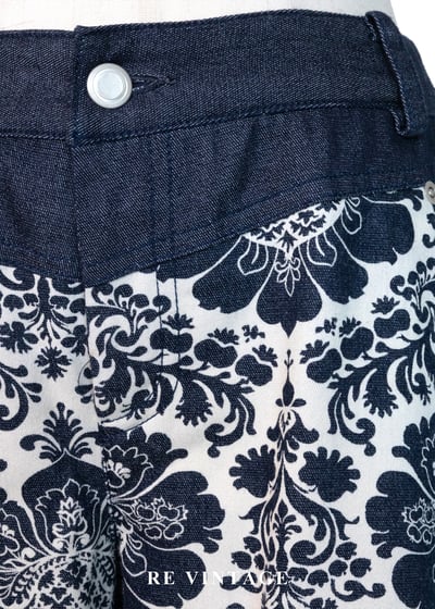 深藍白花復古花紋喇叭褲5