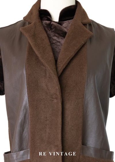 木桃色皮革拼接毛呢長版背心4