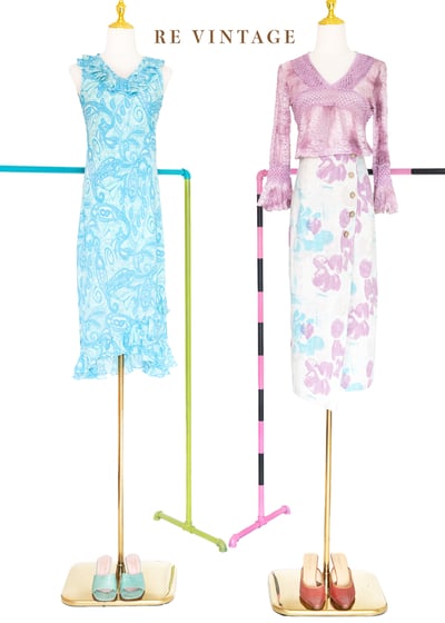 馬卡龍粉藍粉紫色一片式中長裙（26")2