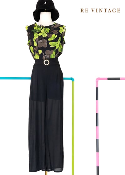 綠色花影黑雪紡連身褲1