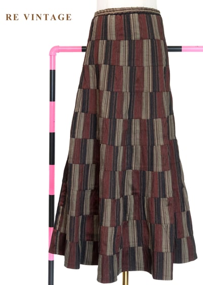 時空階梯條紋拼貼格紋長裙（25-29"）1