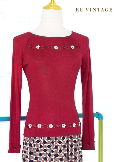 立體小花紅通通針織長袖上衣1