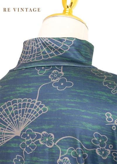 中國風小花藍綠色彈性高領上衣9