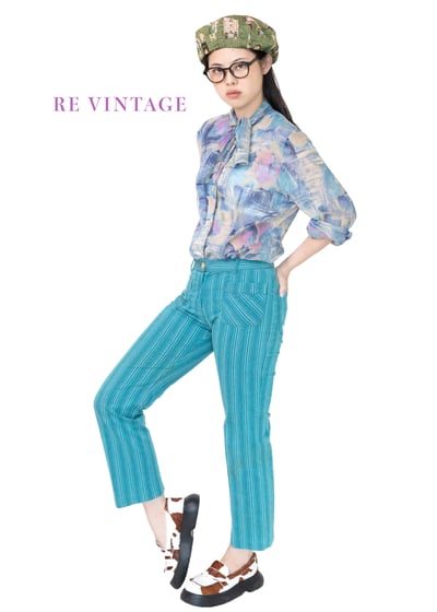 美臀綠花刺繡藍綠色直筒褲1