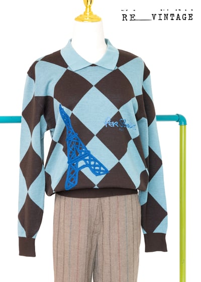 巴黎鐵塔の藍天菱格針織毛衣1