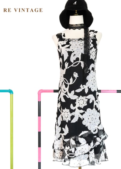 復古大花黑白氣質洋裝1