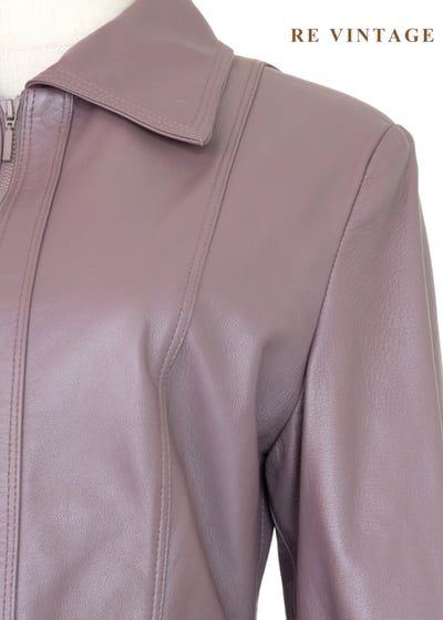 藕紫色極簡反領皮衣外套5
