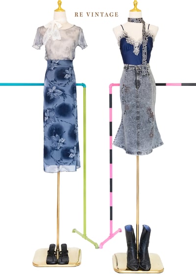 水洗灰調煙燻珠飾綻放牛仔裙（27"）2