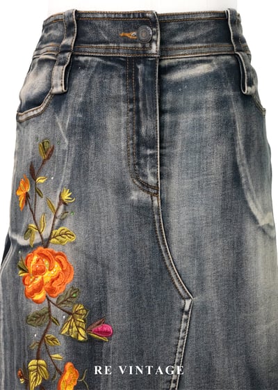 南法花跡 - 暖橘刺繡刷色丹寧裙（26"）3