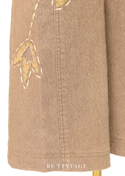 卡其棕拼接手縫小花中高腰褲褲（26"）5