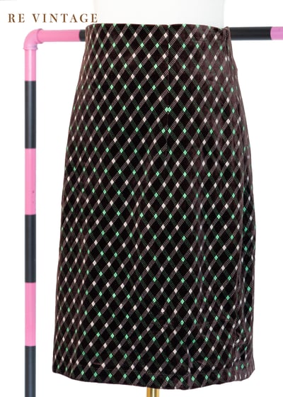 螢光綠格紋巧克力色絨布裙裙（28"）1