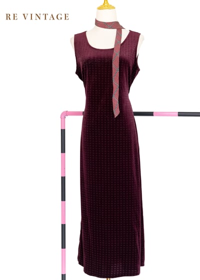 紅酒色格紋絨布洋裝1